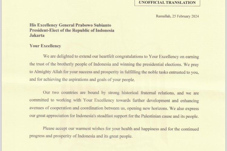 Presiden Palestina Beri Ucapan Selamat ke Paslon 2, Prabowo: Indonesia Dukung Kemerdekaan Rakyat Palestina