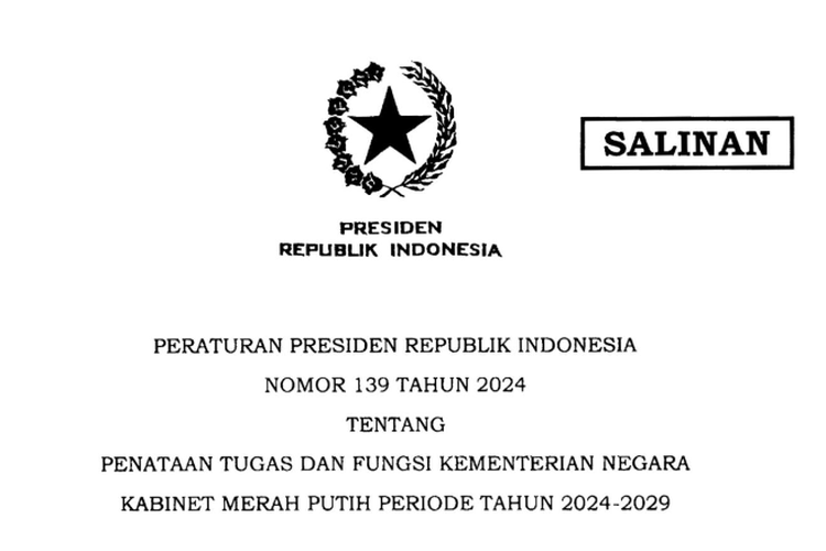 Presiden Prabowo Terbitkan Perpres Nomor 139 Tahun 2024: Inilah Kementerian Negara Kabinet Merah Putih