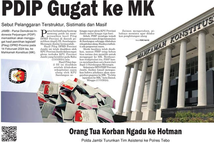 PDIP Gugat ke MK, Ini Link Baca Epaper Harian Pagi Metro Jambi