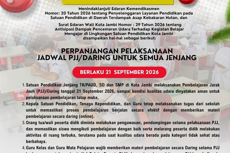 Dampak Polusi Udara, Pemkot Jambi Resmi Perpanjang Pembelajaran Jarak Jauh