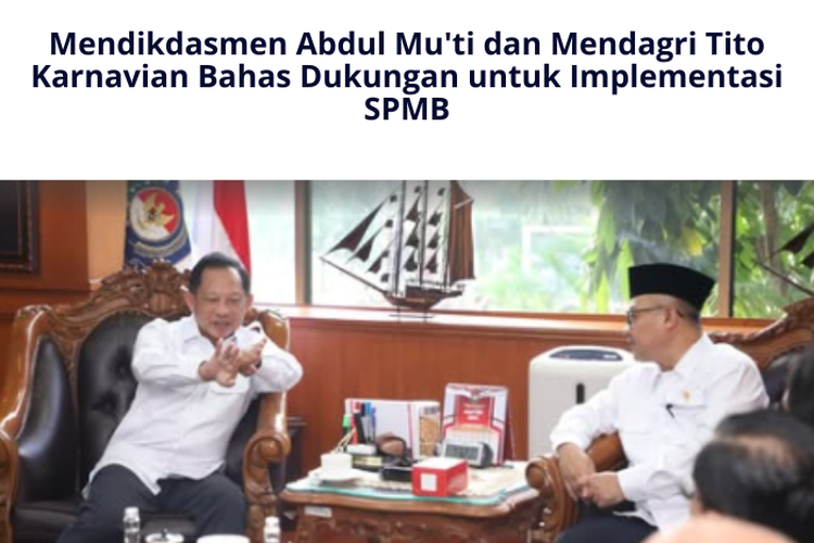 Mendikdasmen Abdul Mu'ti dan Mendagri Tito Karnavian Bahas Dukungan untuk Implementasi SPMB