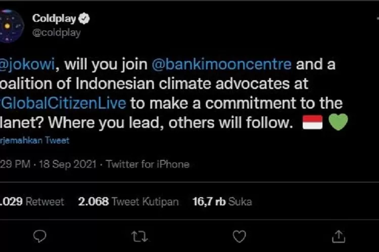 Coldplay colek Jokowi ikut bergabung di Global Citizen Live. ( Twitter/coldplay)