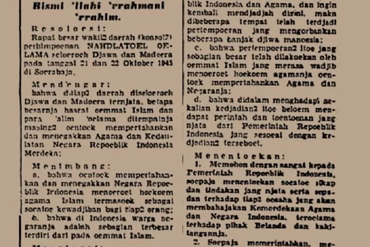 Bunyi Naskah Resolusi Jihad 22 Oktober 1945 Versi Ejaan Lama Dan Baru ...