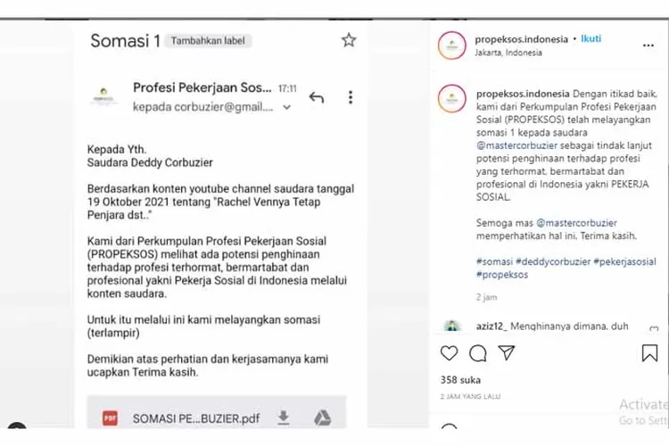 Tangkapan Layar tentang Informasi Somasi Perkumpulan Profesi Pekerjaan Sosial (PROPEKSOS) ke Deddy Corbuzier (Instagram.com/propeksos.indonesia)