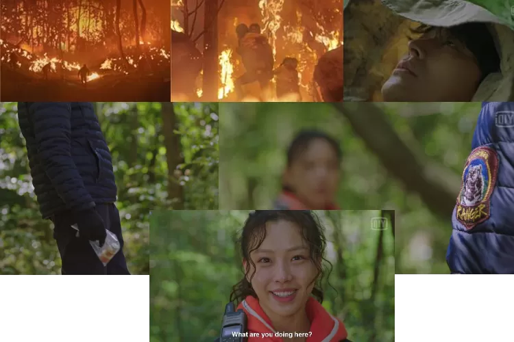 Potongan adegan 'Jirisan' episode 8, kebakaran hutan di Gunung Jiri yang makin ganas, roh Kang Hyun Ju yang masih 'gentayangan,' dan Lee Da Woon yang bertemu seseorang dengan yogurt di tangannya di Gunung Jiri (Kolase tangkap layar/iQyi 'Jirisan')