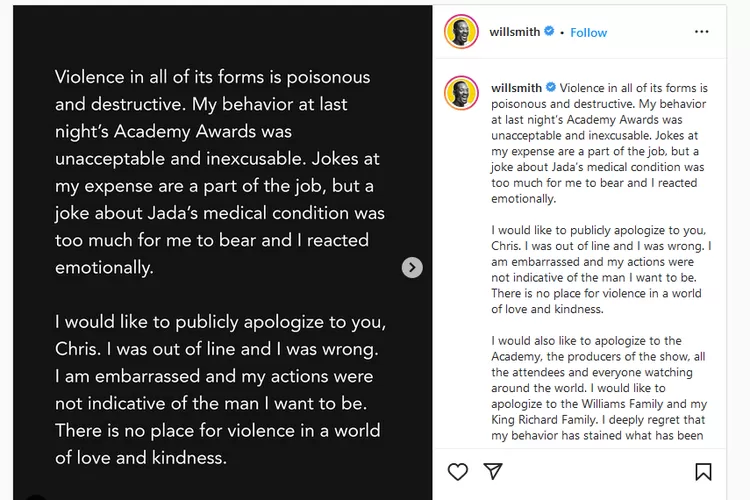 Setelah menampar Chris Rock di Ajang  Piala Oscar, Will Smith Akhirnya Menyesal dan Minta Maaf (Capture Instagram Willsmith)