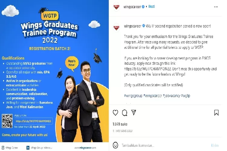 Wings Group membuka lowongan kerja bulan April 2022 untuk lulusan S1 dan S2. ( Instagram @wingscareer)