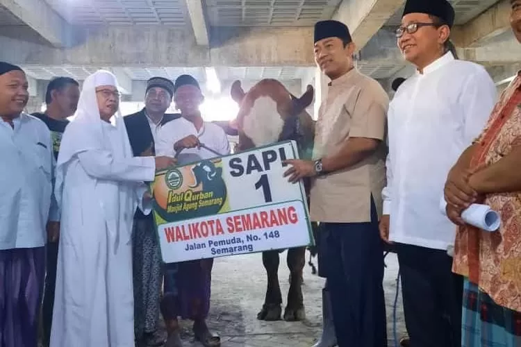 Wali Kota Semarang Hendrar Prihadi didampingi Sekda Iswar Aminuddin menyerahkan hewan kurban seekor sapi berukuran jumbo diterima KH Hanief Ismail di Masjid Agung Semarang