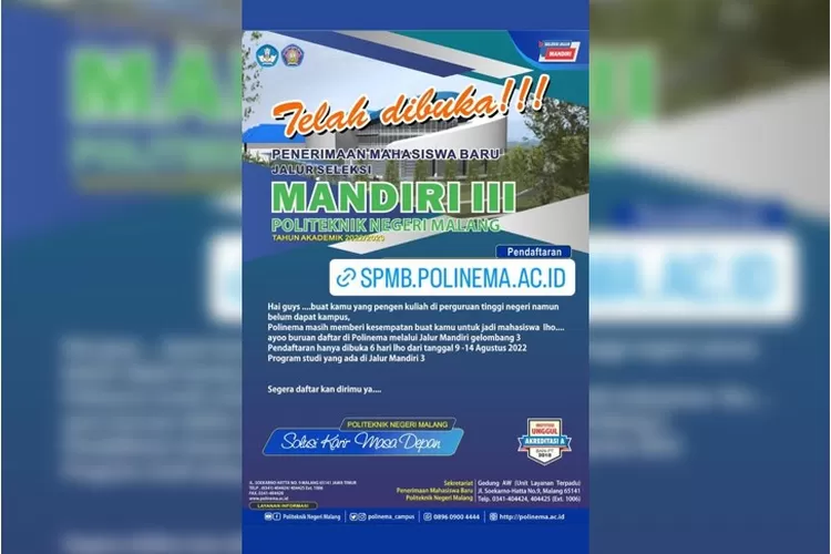 Pejuang PTN Masuk! Polinema Masih Buka Pendaftaran Jalur Seleksi ...