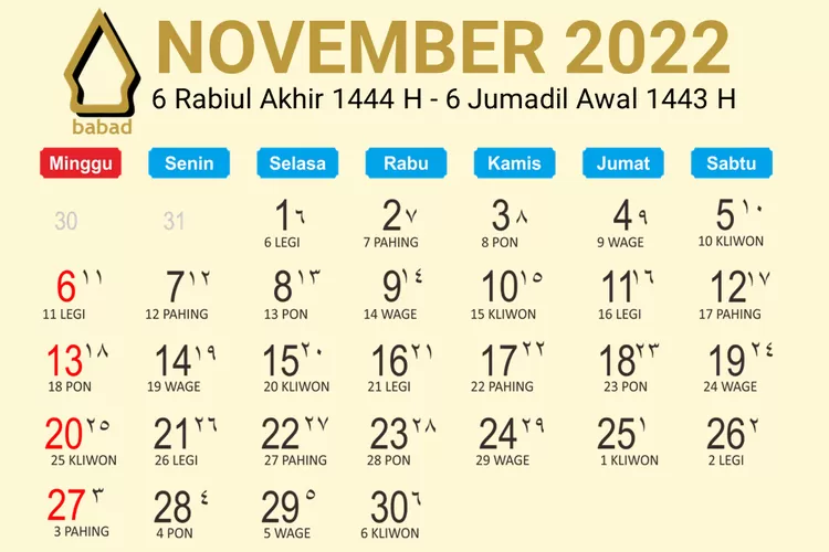 Download Kalender Jawa November 2022 Lengkap dengan Weton dan Hari Libur Nasional. (babad.id/wiwidsaktia)