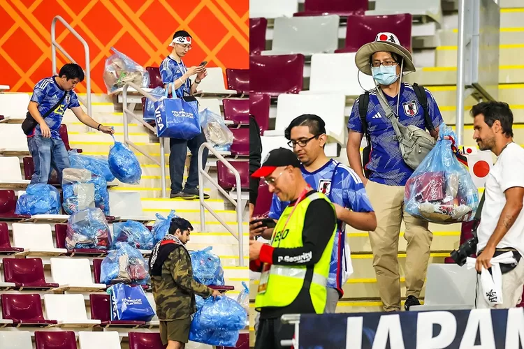 Suporter Jepang mengumpulkan sampah yang berserakan (Kolase Twitter @brfootball)