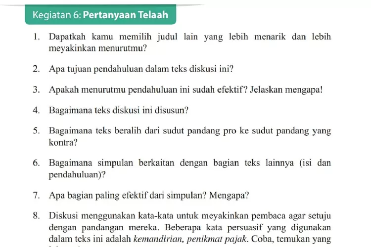 Kunci Jawaban Bahasa Indonesia Kelas 9 Halaman 130-131 Kegiatan 6: Telaah Pertanyaan.