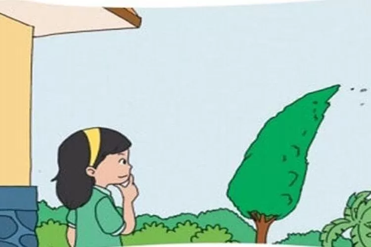 Kunci jawaban kelas 2 SD MI tema 5 halaman 135, 136, 137, 138 dan 139 Buku Tematik tentang pohon cemara yang tertiup angin. (Tangkap layar buku Tematik kelas 2 SD MI tema 5)