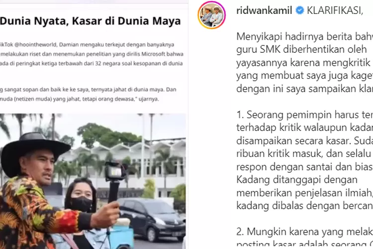 Viral Guru Dipecat Usai Komen Di Medsos RK, Ridwan Kamil Beri ...