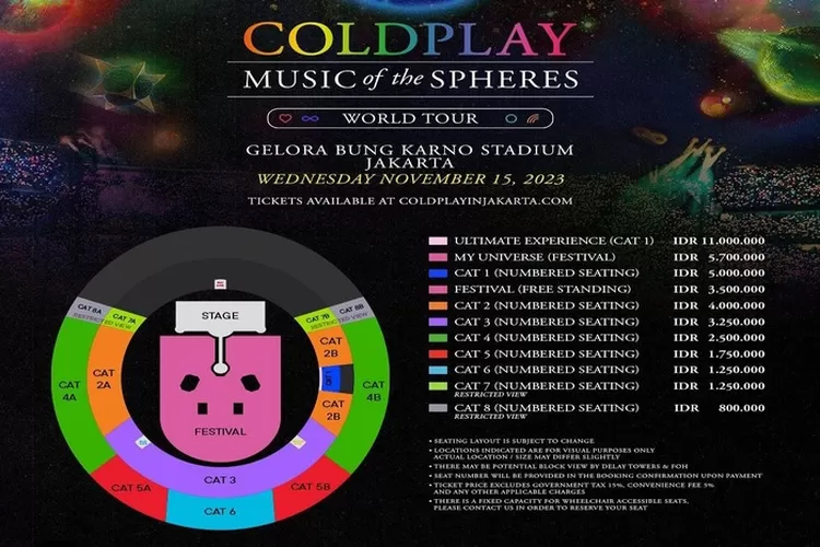Harga tiket dan layout resmi konser Coldplay di Jakarta (Instagram pkentertainment.id)