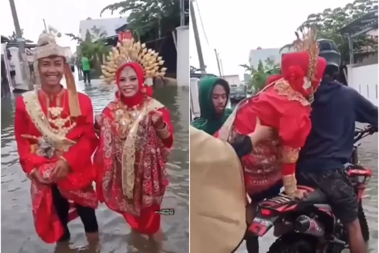 Video Pengantin Pakai Baju Adat Bugis Nikah Di Tengah Banjir Dibonceng Naik Trail Indozone News