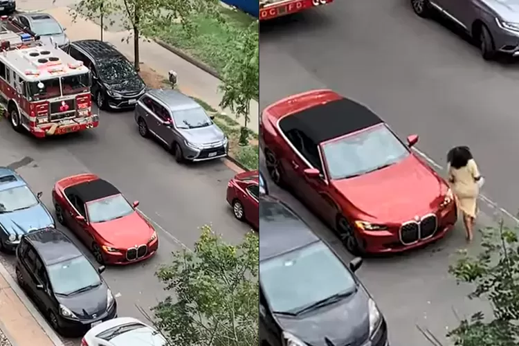 Mobil BMW 4 Series Ini Parkir Di Tengah Jalan Bikin Mobil Pemadam Kebakaran Susah Lewat