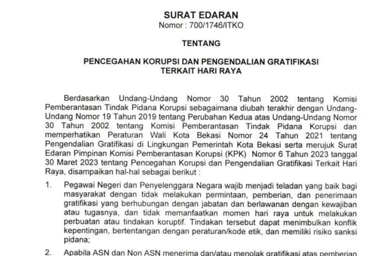 Pemkot Bekasi Keluarkan Edaran Pencegahan Korupsi Dan Pengendalian ...