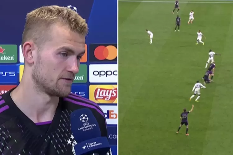 Matthijs de Ligt tidak menahan diri ketika ditanya tentang anggapan offside kontroversial selama Real Madrid vs Bayern Munchen. (TNT Sports)