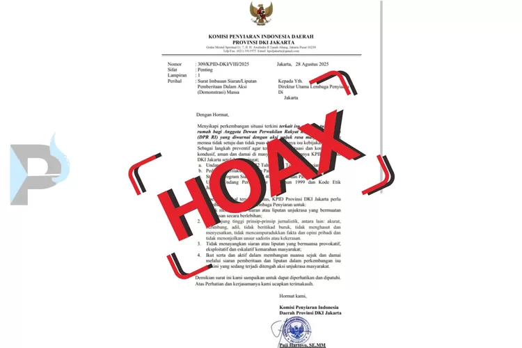 HOAX: Surat Edaran KPID Jakarta Tentang Pembatasan Penyiaran Media di Tengah Demonstrasi 29 Agustus 2025
