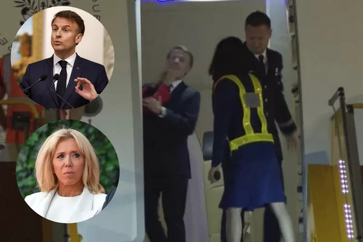 Wajah Presiden Prancis Emmanuel Macron, dorong Istri Brigitte Macron Saat di Pesawat (Kolase)