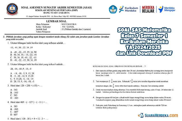 SOAL PAS UAS SAS Matematika Kelas 7 Semester 1 Kurikulum Merdeka TA