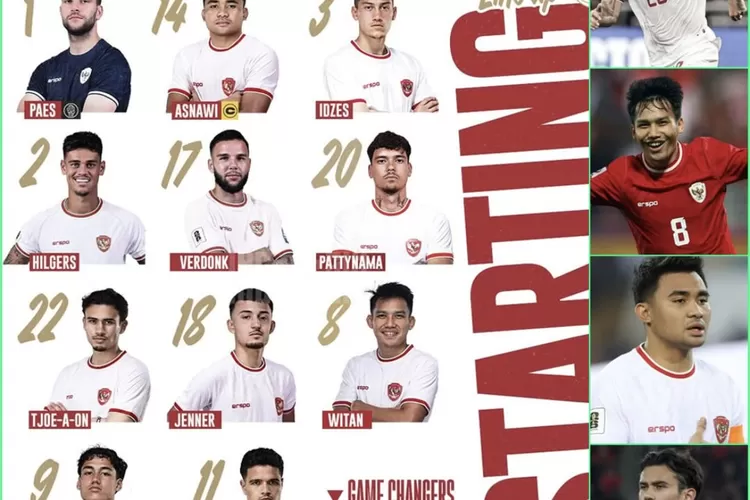 Starting lineup Timnas Indonesia hadapi Cina, malam ini. (SMsolo/screnshot akun X  TimnasIndonesia)