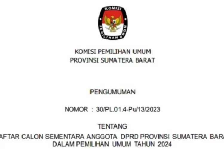 Pengumuman KPU Provinsi Sumatera Barat terkait caleg DPRD Sumbar (Ist)