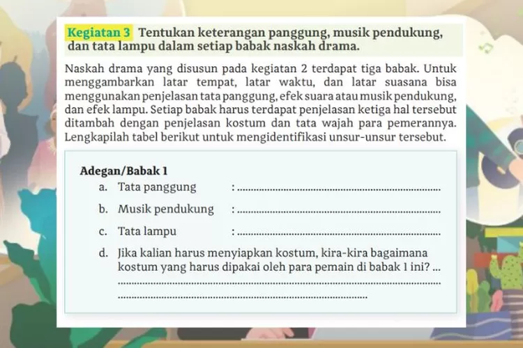 Bahasa Indonesia kelas 11 halaman 139 140 Kurikulum Merdeka Kegiatan 3: Identifikasi unsur-unsur babak naskah drama 'Semangkuk Perpisahan di Meja Makan'