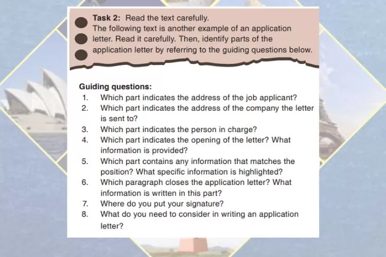 Bahasa Inggris kelas 12 halaman 56 Task 2: Identify parts of the application letter based on the guiding questions