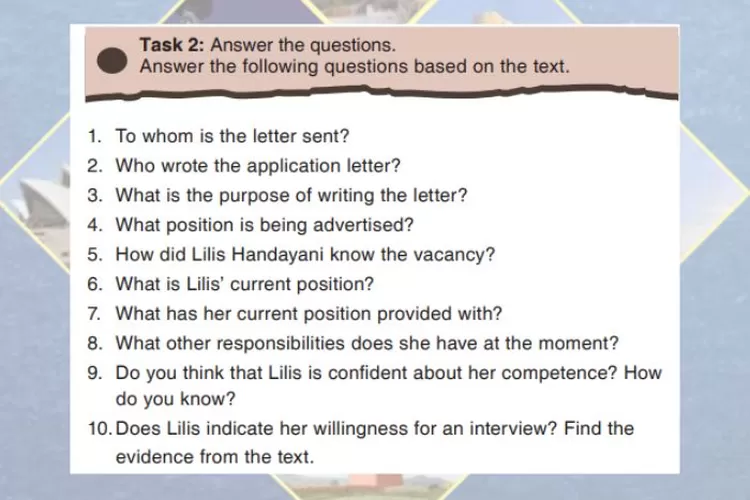 Bahasa Inggris kelas 12 halaman 51 Task 2 Chapter 4: Answer the following questions based on application letter text