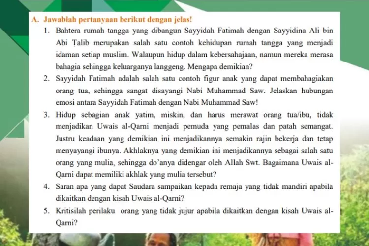 Akidah Akhlak kelas 11 halaman 106 Ayo Berlatih tentang Sayyidina Fatimah dan Sayyidina Ali bin Abi Thalib serta kisah Uwais Al Qarni