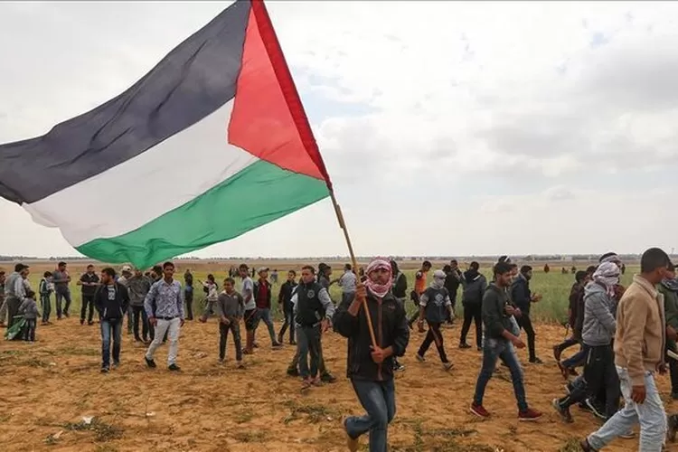 Warga Palestina kibarkan bendera negaranya.  (dok. Anadolu Ajansi)