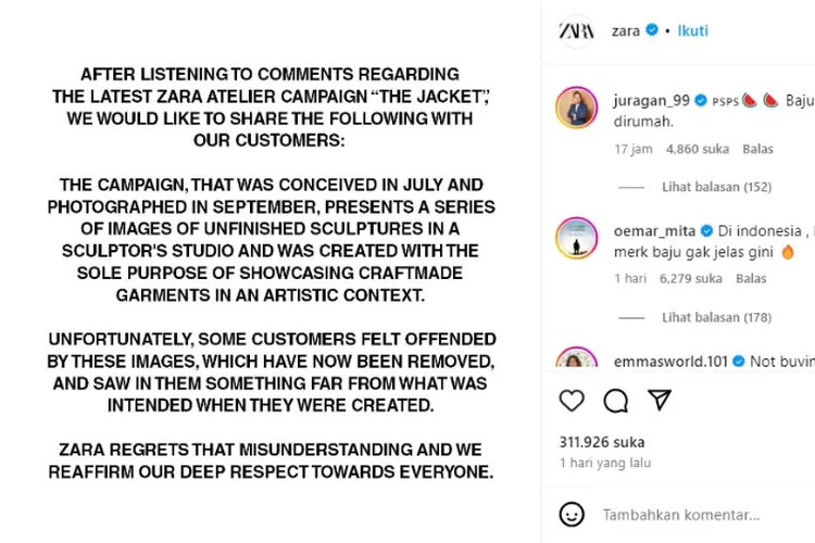 klarifikasi Zara soal iklan kontroversi yang dianggap singgung Palestina (Instagram @zara)