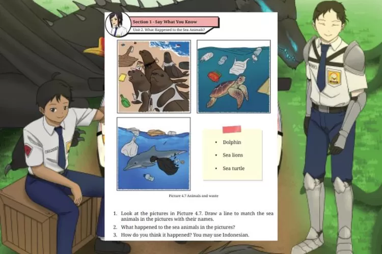 Bahasa Inggris kelas 8 halaman 204 Section 1 Unit 2 Chapter 4: What happened to the sea animals in the pictures