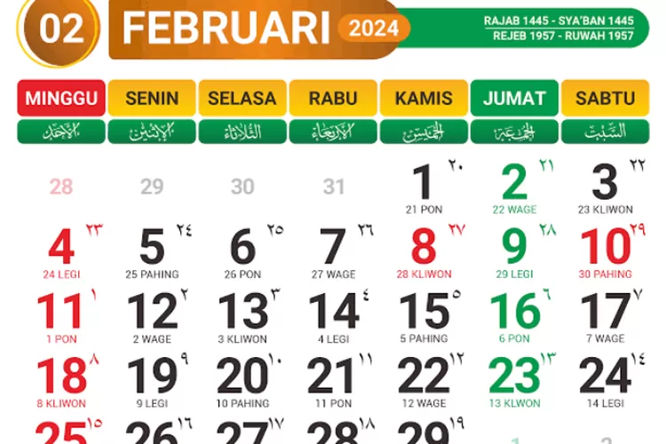 Kalender Jawa Februari 2024 dengan Weton (Bosstutorial.com)