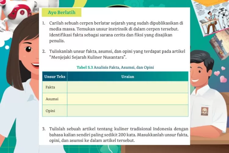 Bahasa Indonesia kelas 12 halaman 161 Ayo Berlatih Tabel 5.3: Menganalisis fakta, asumsi dan opini serta unsur intrinsik dari cerpen berlatar sejarah