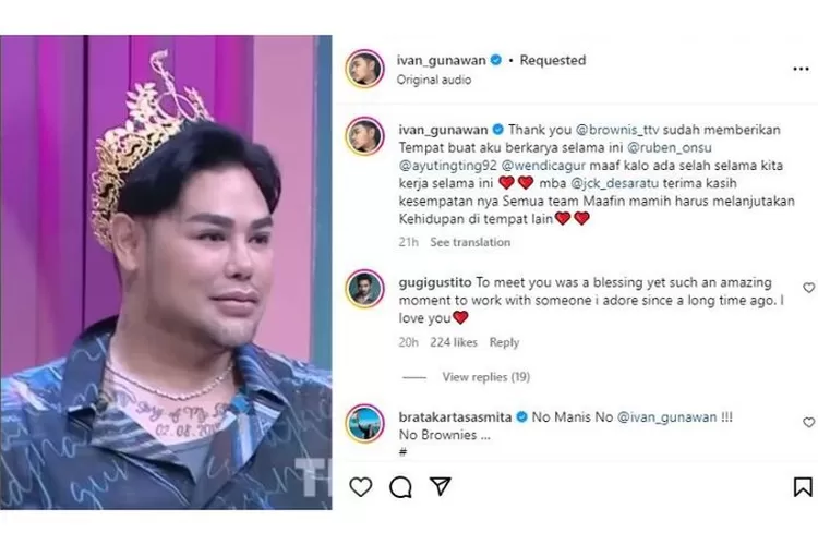 Postingan Ivan Gunawan yang Pamit dari Brownis. (Kolase tangkap layar Instagram/@ivan_gunawan)