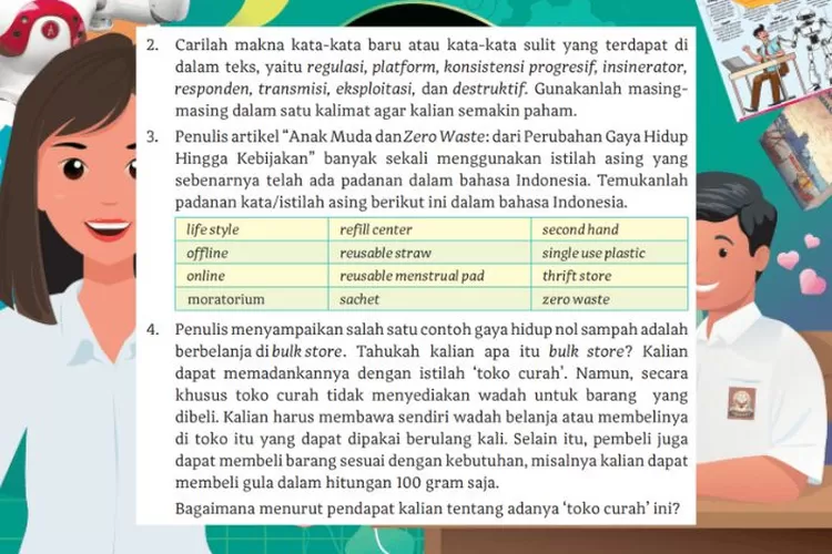 Bahasa Indonesia kelas 12 halaman 217 218 Ayo Berlatih Bab 6 Kurikulum Merdeka: Analisis artikel dan infografik tentang gaya hidup nol sampah