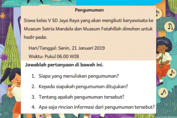 Bahasa Indonesia kelas 5 halaman 143-144 Bab 6 Kurikulum Merdeka: Menganalisis isi pengumuman tentang karyawisata