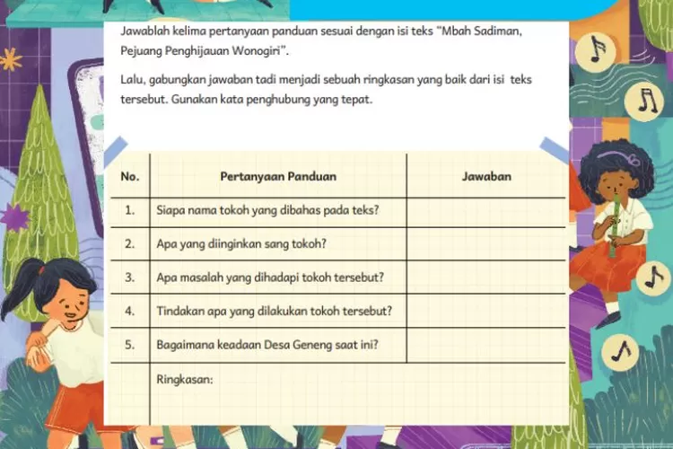 Bahasa Indonesia kelas 5 halaman 156 Bab 7 Kurikulum Merdeka: Membuat ringkasan dengan menjawab pertanyaan berdasarkan teks 'Mbah Sadiman, Pejuang Penghijauan Wonogiri'