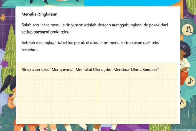 Bahasa Indonesia kelas 5 Bab 7 halaman 164 Kurikulum Merdeka: Menulis ringkasan dari ide pokok setiap paragraf teks tentang daur ulang sampah