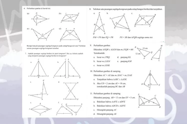 Matematika kelas 9 halaman 262-264 Uji Kompetensi 4 Bagian 2 Nomor 6-10 Semester 2: Kekongruenan dan kesebangunan, pasangan segitiga kongruen, panjang sisi dan besar sudut