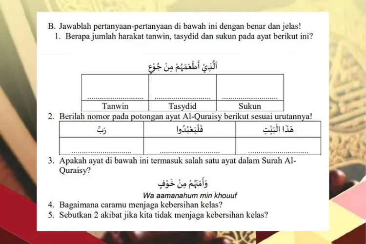 Al Quran Hadis kelas 1 halaman 107 108 Penilaian Akhir Tahun Bagian Essay: Huruf hijaiyah hingga surat Al Quraisy
