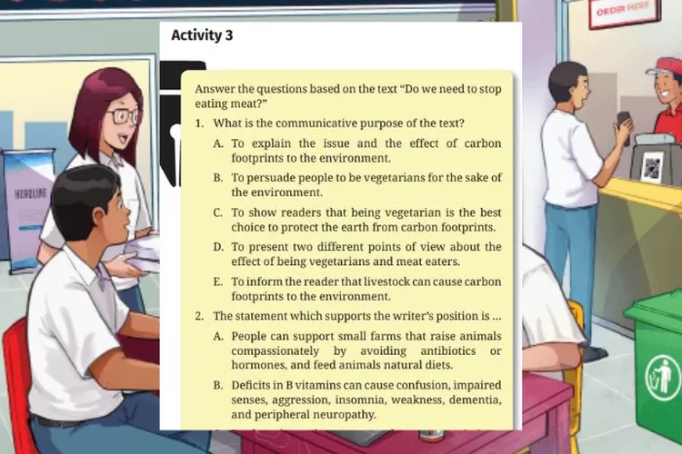 Bahasa Inggris kelas 12 halaman 166-171 Activity 3 Kurikulum Merdeka: Answer the questions based on the text 'Do We Need to Stop Eating Meat?'