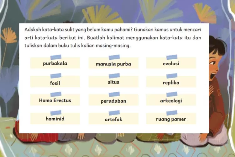 Bahasa Indonesia kelas 6 SD/MI halaman 79 Kurikulum Merdeka: Arti kata sulit dalam teks 'Museum Manusia Purba Sangiran' dan kalimat baru
