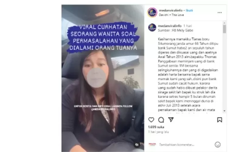 Surat Terbuka untuk Bank Sumut,Janda tua Diminta Cicil Utang Suami dan Selingkuhan Rp1 M/ Instagram