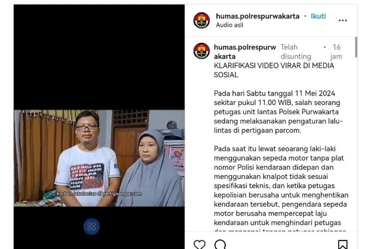 Orangtua korban kecelakaan Muhammad Faris Abdul Rofi memberikan klarifikasi dan permintaan maaf. (Tangkapan layar Instagram @humas.polrespurwakarta)