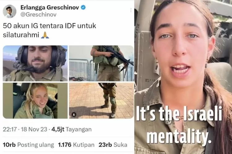 Netizen Indonesia beramai &ndash; ramai mengkritik akun sosial Media tentara Israel. (Gorajuara/ olase Tangkapan Layar/ Twitter/ @Greschinov/ Tiktok @IDF)