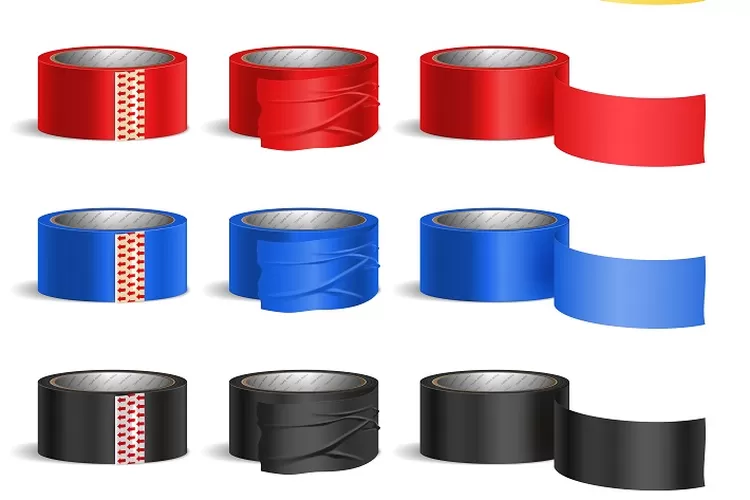 Berhematlah dengan bijak dalam penggunaan lakban untuk mengurangi sampah plastik dan menjaga lingkungan. Pelajari tipsnya di sini! (Tape roll bright colored pieces realistic set isolated vector illustration / GoraJuara.com)